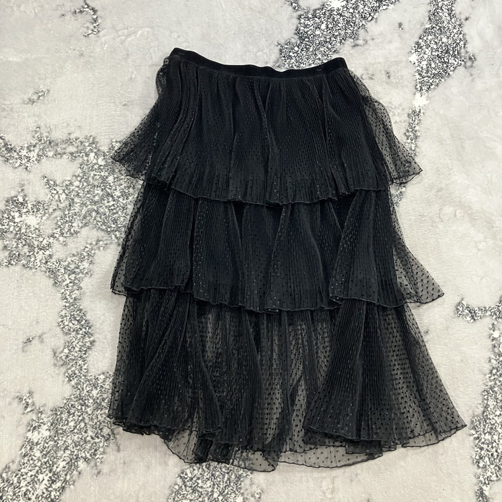 Zara Black Tiered Tulle Mesh Midi Skirt Swiss Dot Elastic Waist Womens XXL